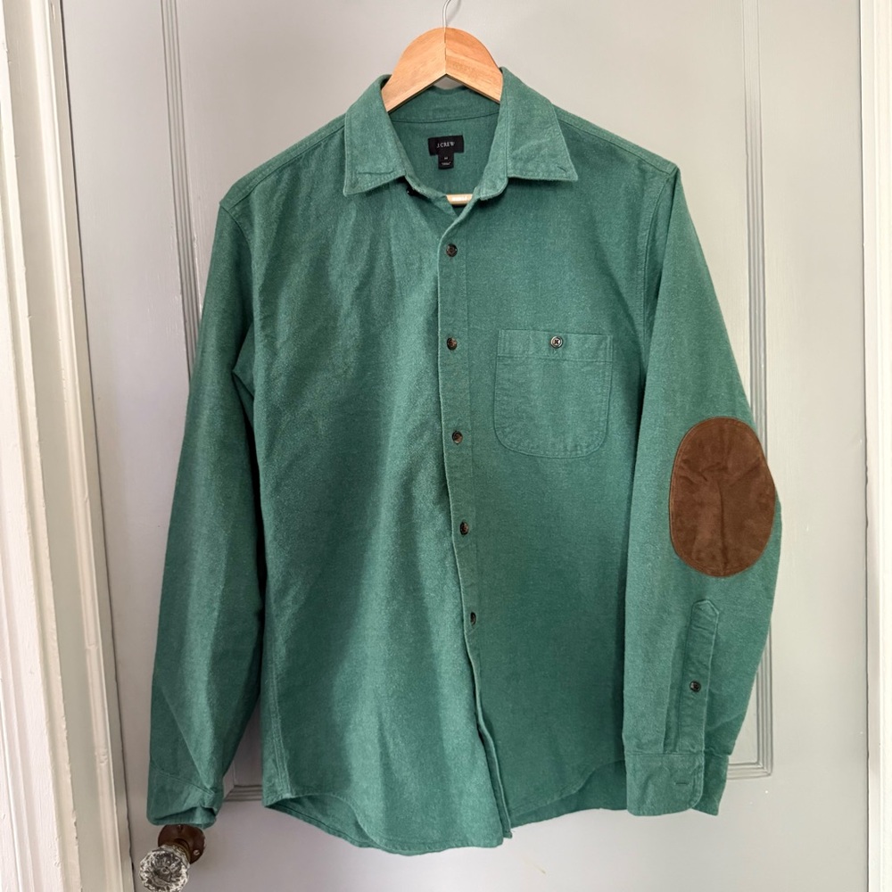 J.Crew Shirt Mens M Green Chamois Button Leather Suede Elbow Patch